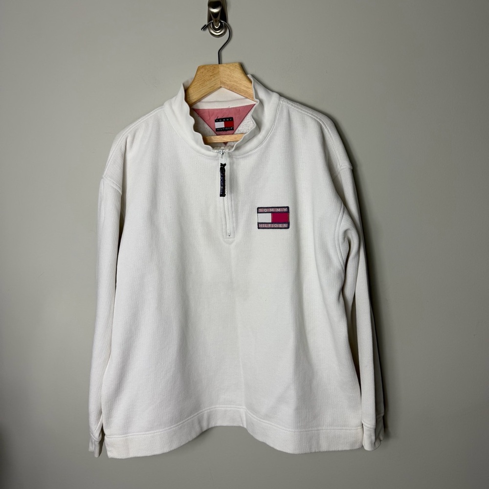 Vintage Tommy Hilfiger Quarter Zip Pullover Sweatshirt White Size XL *invK